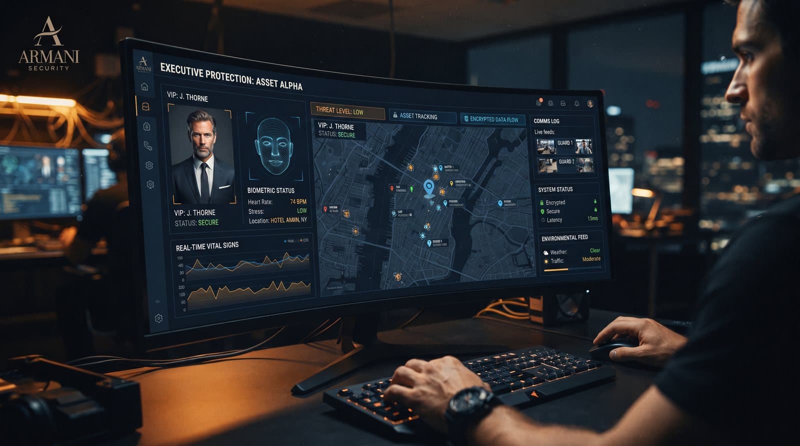 An Armani Security operator working an executive-protection monitoring dashboard.