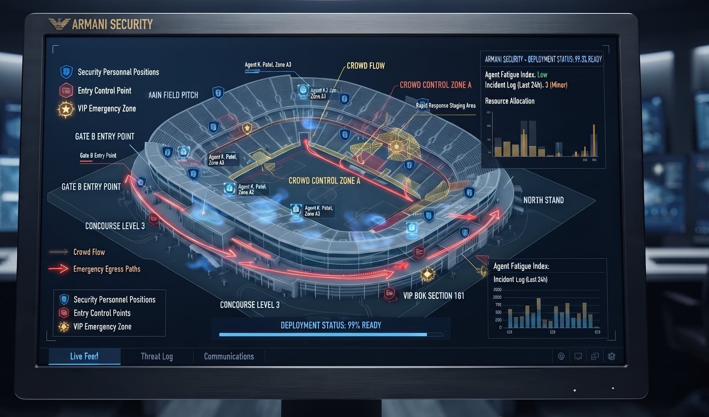 An Armani Security event-deployment dashboard: officer positions, crowd flow, entry control and emergency egress across a venue.